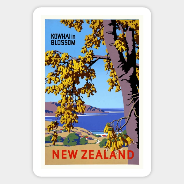 Kowhai in Blossom New Zealand Vintage Poster Sticker by vintagetreasure